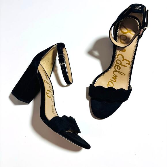 Sam Edelman Shoes - Sam Edelman Suede Scalloped Block Heel Sandals – Black Ankle Strap Heels